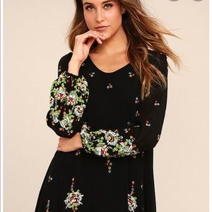 Free People Oxford Black Embroidered Long Sleeve Swing Dress